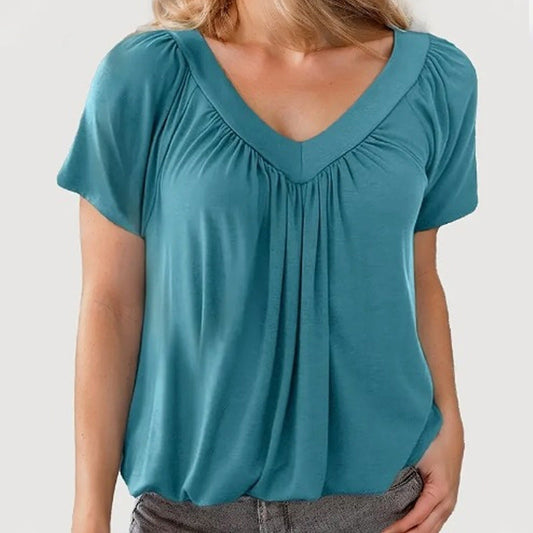 🎁Heißer Verkauf 50% RABATT⏳Damen Freizeit-Kurzarmshirt mit V-Ausschnitt und Plissee✨