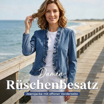 🔥Letzter Tag: 60% Rabatt!⏰👖Damen-Jeansjacke mit Rüschenbesatz und offenem Vorderteil – Leicht und feminin – Vielseitig und schick✨