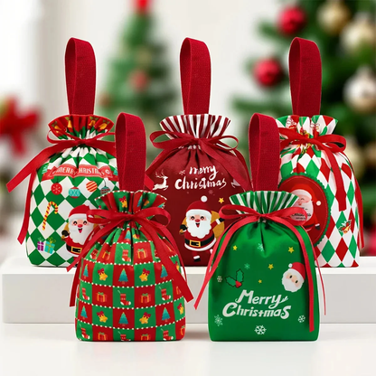 🍎Weihnachts-Samt-Geschenktaschen, Kordelbeutel mit Griff, Weihnachtsmann Geschenksäcke für Heiligabend Äpfel, Süßigkeiten und kleine Geschenke
