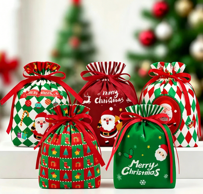 🍎Weihnachts-Samt-Geschenktaschen, Kordelbeutel mit Griff, Weihnachtsmann Geschenksäcke für Heiligabend Äpfel, Süßigkeiten und kleine Geschenke