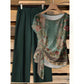 🌿 50 % RABATT SOLANGE DER VORRAT REICHT! 👖 Damen 2-Teiler Sommer-Set – Marmorprint Top mit Seitenknoten + dunkelgrüne Weitbeinhose, luftig für Urlaub & Alltag