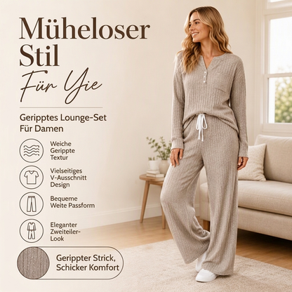 😍 NEU 2027 – 49 % RABATT 😍Damen Geripptes Henley-Oberteil und Hosen Set mit weiter Beinform